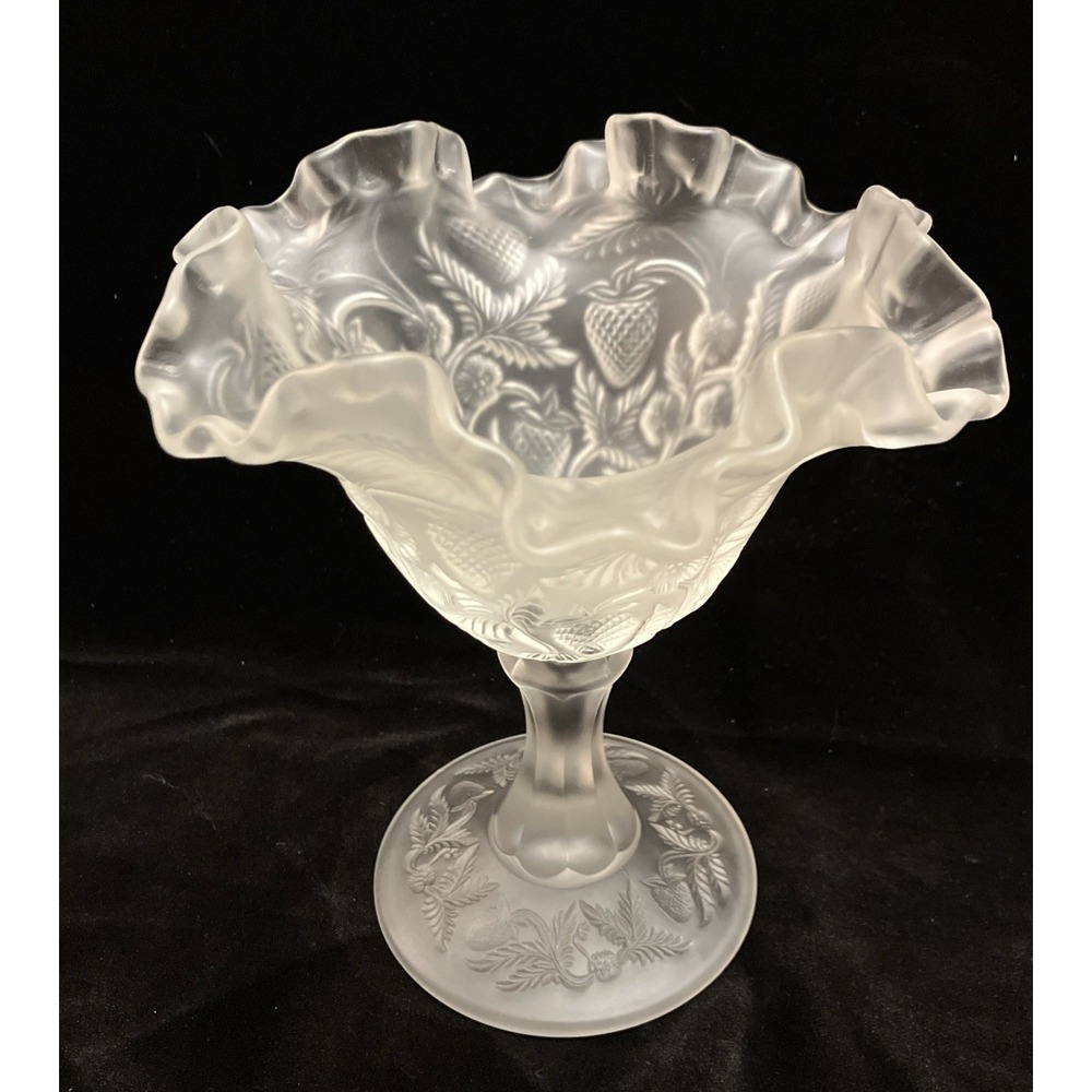Vintage Fenton Ruffled Strawberry Compote Footed Dish Clear Frosted Satin 6.25”